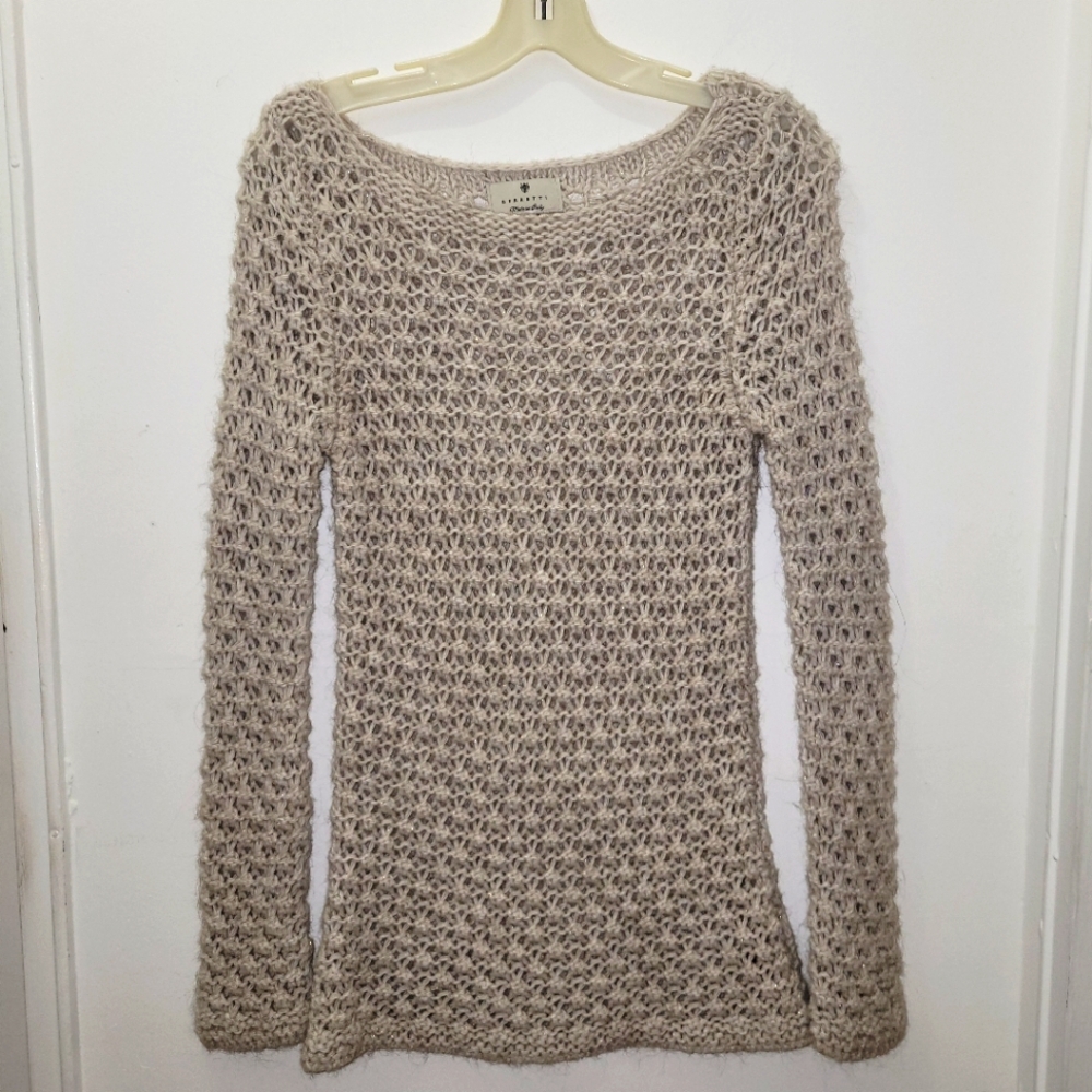 Slim fit open knit Italian wool tunic tan sweater mohair alpaca small Berretti